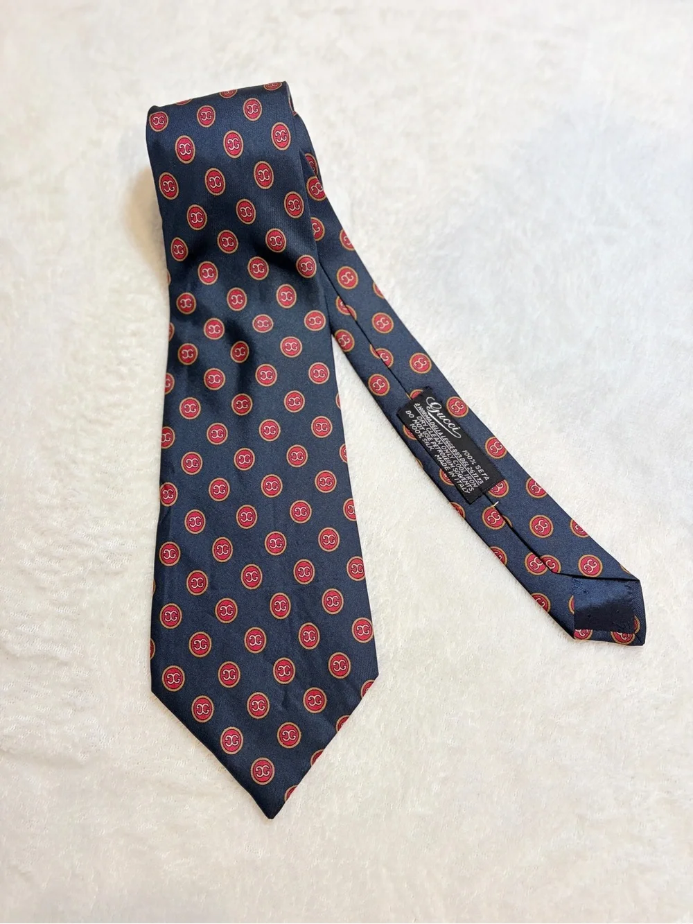 Vintage Gucci Navy Silk Tie with Red and Gold Medallion Pattern